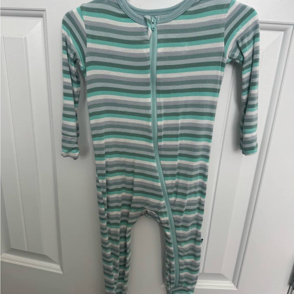 Kickee Pants Striped Green and Gray Kids One Piece